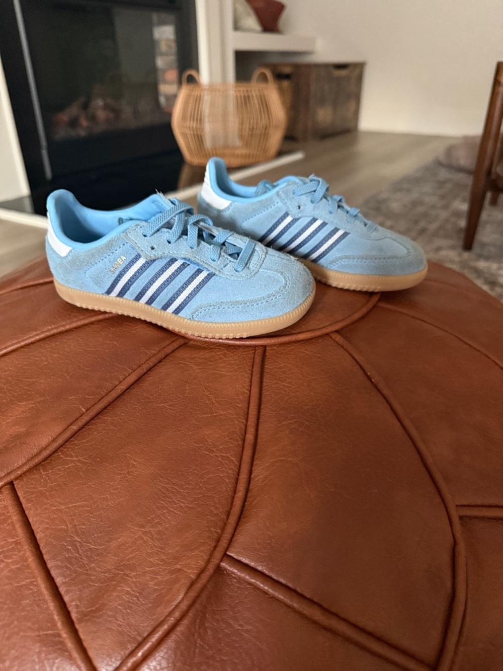 adidas Kids Samba Sneakers in Sky Blue with Navy Stripes